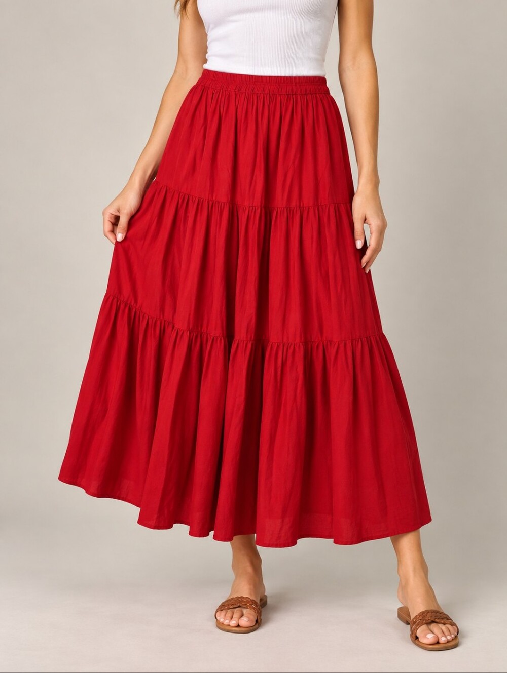 CACTUS FLOWER Red Tiered Maxi Skirt